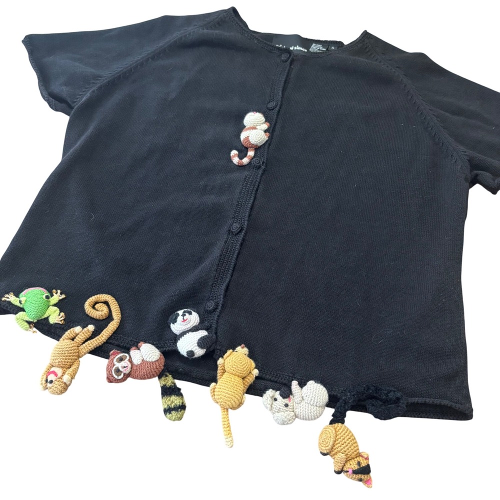 Vtg Michael Simon Cardigan 3D Crochet Animal Applique XL Novelty Knit Dangle